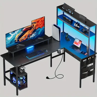 Image de Bureau informatique ergonomique - Bureau en L - Table de jeu - Bureau avec support pour écran