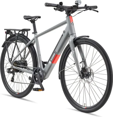 A studio shot of a gray electric bicycle against a white background.