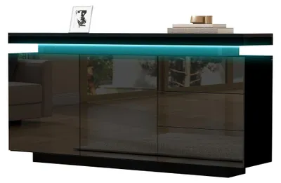 Zdjęcie produktu dla Komoda – wysoka komoda – 140 x 35 x 72,5 cm – 3 szuflady – 2 drzwiczki – oświetlenie LED – kolor czarny