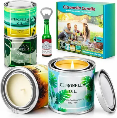 Productafbeelding van Citronella kaarsen 4 stuks Citronella in metalen blik voor buiten, huiskaars voor tuin, balkon, camping, partykaarsensets, grote, lange brandtijd