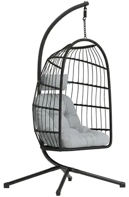 Produktbild von Hängesessel mit Gestell faltbar Polyrattan Hängekorb mit Kissen Sicherheitsgurt Kopfstütze Bänder, höhenverstellbar