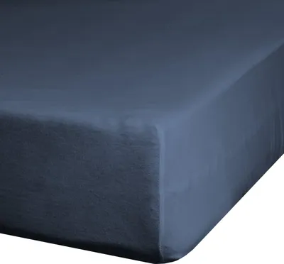 A close-up view of a dark blue fitted sheet.