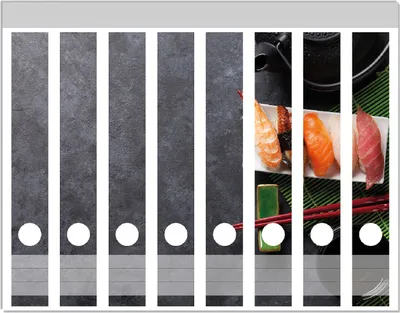 Produktbild von Wallario Ordnerrücken Sticker, selbstklebend für schmale Ordner, 8 Stück, Motiv Sushimenu auf Schiefer - Nigiri mit grünem Tee