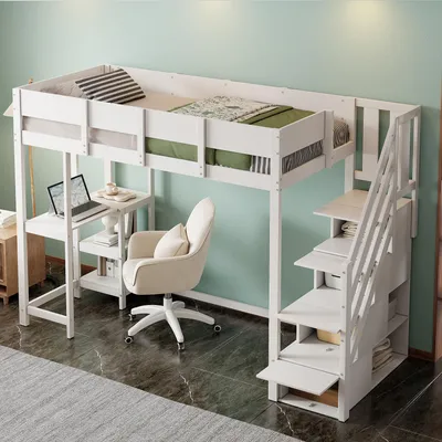 Image de OKWISH Lit Mezzanine 90x200 cm – Escalier avec Tiroirs – Sans Matelas – Blanc