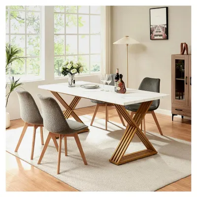 Produktbild von Esstisch Hujaari rechteckig für 6 Personen 180 x 80 x 75 cm in Marmoroptik weiß/Goldfarben