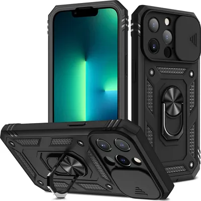 Produktbild von iPhone 13 Pro Max Hülle, Schiebe Kamera Schutz Robust Rüstung Stoßfest Schutzhülle mit Ringhalterung Ständer Kartenhalter für iPhone 13 Pro Max Schwarz