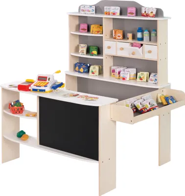 Produktbild von roba Kaufladen, inkl. Zubehör, natur, weiß/grau, 4 Schubladen, Tafel, Theke & Seitentheke