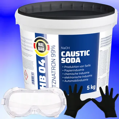 Produktbild von Ätzsoda Rohrreiniger 10kg Eimer Abflussfrei kaustisches Soda Natronlauge + Schutzbrille + Nitrillhandschuhe Arbeitskomfort Set HB04