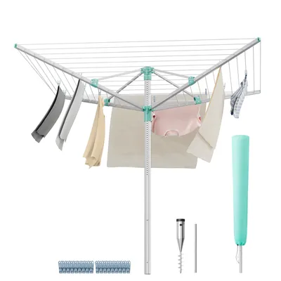 Produktbild von SONGMICS Wäschespinne, Wäscheständer, höhenverstellbar, 60 m Wäscheleine, für 6 Waschmaschinenladungen, Outdoor, Garten, mit Bodenhülse, Wäscheklammer