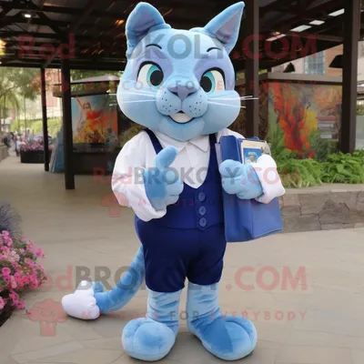 Produktbild von Blaue REDBROKOLY Katze Maskottchen Kostüm figur bekleidet mit einem Hemd und Geldbörsen