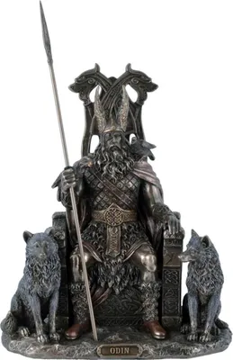 Produktbild von Bronze colorierte Wikinger Figur Odin germanischer Göttervater Odin auf Thron