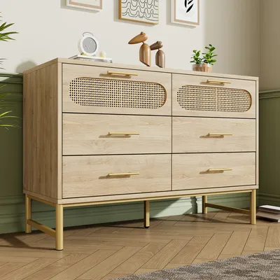 Immagine prodotto di Cassettiera Flieks in rattan, credenza con 6 cassetti, credenza con piedini in metallo, 120 cm, finitura naturale