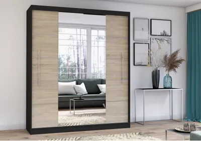 Produktbild von Schwebetürenschrank Kleiderschrank Schrank 204cm SCHWARZ/SONOMA mit zwei Spiegeln und Zierleisten Torino