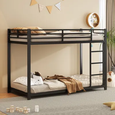 Obrázek produktu pro MODFU Patrová postel Dětská postel 90x200cm s žebříkem, Patrová postel s ochranou proti pádu, Kovová postel s kovovým rámem, Mládežnická postel, Černá