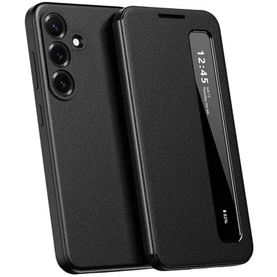 Immagine prodotto di Custodia in Finto cuoio per Samsung Galaxy A56, custodia intelligente per telefono cellulare con finestra laterale intelligente nera