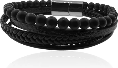 Produktbild von MARTIN1985 Hochwertiges Echtleder Armband Schwarze Achatperlen Uni Damen Herren mit magnetischem Edelstahlverschluss Geschenkverpackung Länge - 18,5 cm