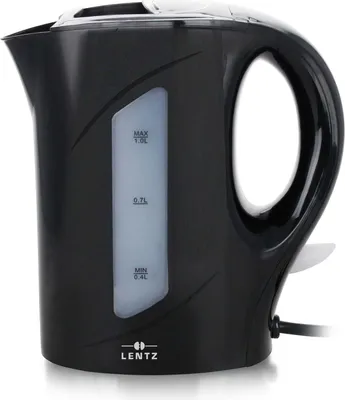 A black electric kettle is shown against a white background.
