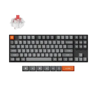 A mechanical keyboard and a single key switch are displayed against a white background.