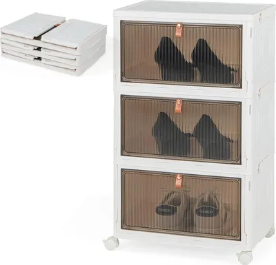Obrázok produktu pre KOMFOTTEU úložný box s 3 úrovňami, stohovateľný organizér s vekom a kolieskami, priehľadný organizér, skladací box 40x27,5x64cm, kontajner na obuv, oblečenie (3 úrovne)