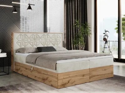 Produktbild von Boxspringbett 180x200 mit Bettkasten, Polsterbett 180x200 mit Matratze H4, Boxspringbett 180x200 mit Kopfteil, Boxspringbett mit Massivholz - Nessi - Beige Velvet - H4