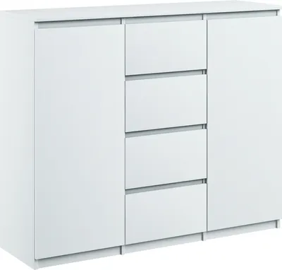 Produktbild von Kommode mit 4 Schubladen 2 Schränke 120cm Klamotenschrank Sideboard Weiss mat