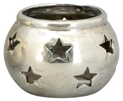 Produktbild von Dekorative Gartenlaterne Tischlaterne Windlicht aus Keramik Silber glänzend Vintage mit Sternmotiv (groß ca. 16 x 16 x 11,5 cm)