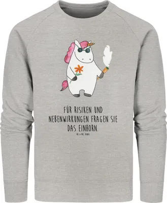 Produktbild von Mr. & Mrs. Panda Baumwoll Pullover Einhorn Woodstock Größe L - Heather Grey - Geschenk, Sweatshirt, Sweater, Kiffen, Joint, Alkohol, Unicorn, Pulli, Party