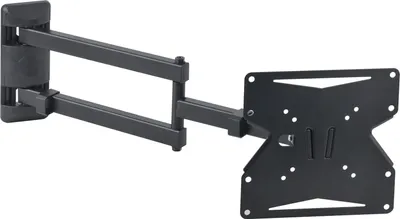 A black, articulated TV wall mount is shown against a white background.