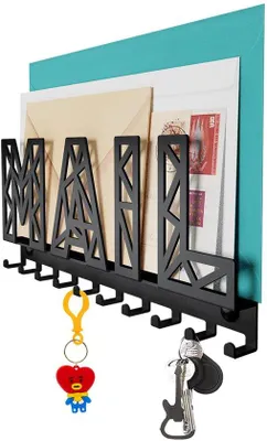 Zdjęcie produktu dla Ibenzoa® Tablica na klucze i organizer ścienny z przegródką na dokumenty – 10 regulowanych haczyków, metal w kolorze czarnym, w zestawie materiały montażowe