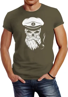 Produktbild von Herren T-Shirt Totenkopf Kapitän Captain Skull Hipster Slim Fit Neverless® army L