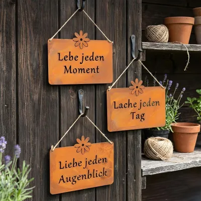 Produktbild von 3er Set Wandbilder Sprüche 25x19cm Eisen Schilder Garten-Deko Türschild Edelrost Braun Rostdeko Lebe Liebe Lache