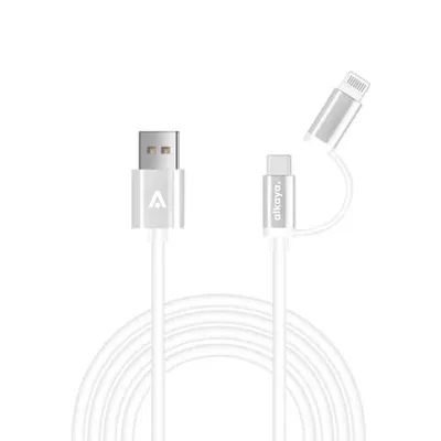 Produktbild von alkaya. iPhone, Samsung, Huawei, Xiaomi, Google, Sony, iPad, AirPods, MacBook - 2 in 1 Ladekabel USB-C + Lightning, Datenkabel weiss - 1m | 15W/12W
