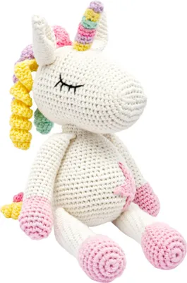 Produktbild von Handgestricktes Einhorn "Glücksbringer" Spielzeug aus Baumwolle 28cm