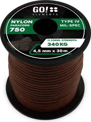 Produktbild von GO!elements 30m Paracord Seil aus reißfester Nylonschnur - 4,5mm Paracord 750 Typ IV Schnur - geeignet als Allzweckseil & Reepschnur - Max. 340kg, Farbe: Braun
