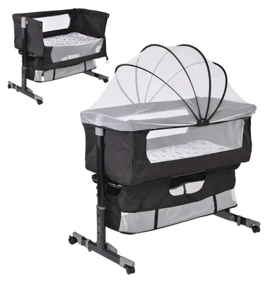 Produktbild von 3-in-1 Babybett - Beistellbett & Stubenwagen - Tragbares Reisebett - Atmungsaktives Mesh - Verstellbare Höhe - Mit Bettwäsche - Schwarz