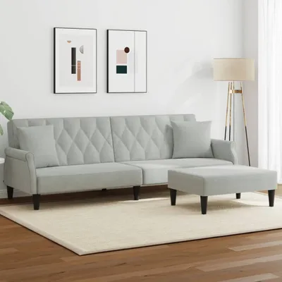 Produktbild von Design Schlafsofa 2-Sitzer mit Kissen und Fußhocker Hellgrau Samt, Schlafsofas 2024 Neu
