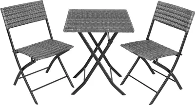 A gray rattan bistro set with two chairs and a square table on a white background.