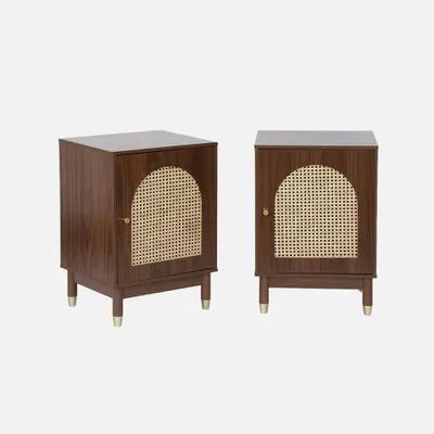 Produktbild von sweeek - 2er-Set Nachttische mit Rattan-Geflecht und 1 Tür - Nussbaumfarben