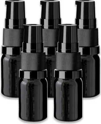 Produktbild von 5x Schwarze Glasflasche 5 ml mit Pumpe Dispenserpumpe Glasfläschchen
