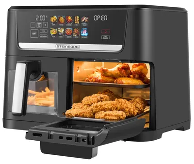 Produktbild von Steinborg Heißluftfritteuse Dual Zone 8L – Air Fryer mit 2 Garzonen 1700 W Digitales Display 10 Programme 60–200 °C XXL Heißluftfritteuse für Fettarmes Frittieren, Backen und Grillen