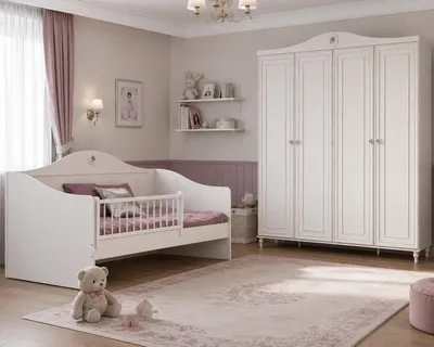 Zdjęcie produktu dla Łóżeczko dla dziecka, białe, z barierką ochronną, szafa z 4 drzwiami, pokój dziecięcy