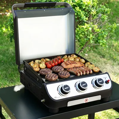 Produktbild von Royal Gourmet Gasgrill kompakte Gasplancha mit 3 Brennern, 7,5 kW Gesamtleistung und emaillierter Grillplatte, Tischgrill mit verstellbaren Füßen
