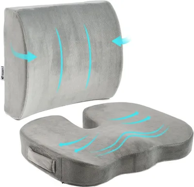 Image de Coussin lombaire et coussin de siège, en mousse à mémoire de forme, pour fauteuil de bureau, couleur gris, avec sangles réglables
