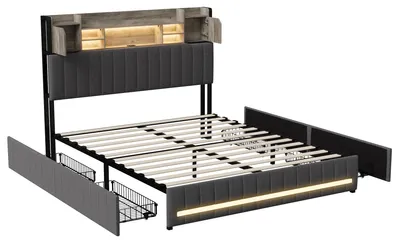 Productafbeelding van Gestoffeerd bed - Tweepersoonsbed - 140 x 200 cm - 4 lades - Hoofdeinde met opbergruimte - Lattenbodem - Linnen bekleding - Grijs