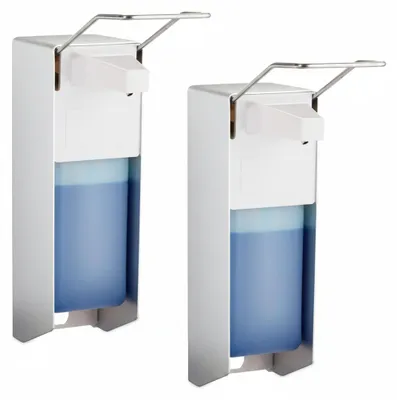 Produktbild von Relaxdays Desinfektionsspender, 2er Set, 1000 ml, Eurospender für Desinfektionsmittel & Seife, Wandmontage, silber/weiß
