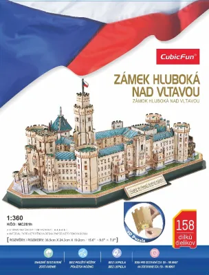 A 3D puzzle model of a castle is displayed prominently, with the Czech flag waving in the background.