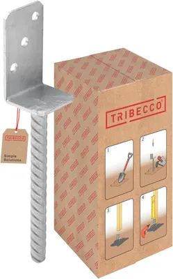 Produktbild von TRIBECCO® L-Pfostenträger mit Riffeldolle, mit Betonanker aus Riffelstahl, feuerverzinkt, Breite 50 mm, Länge des Riffelstahl 200 mm