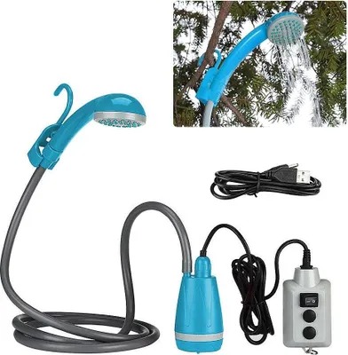 Immagine prodotto di Doccia da campeggio portatile - Pompa elettrica per doccia - Ricaricabile tramite USB - Con soffione - Per attività all'aperto, viaggi ed escursioni - Plastica - Blu