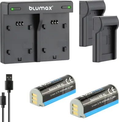 Produktbild von 2x Akku + Lader für Canon NB-9L IXUS 1000 1000HS 1100HS 500HS 600 mAh (3,7V)
