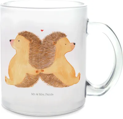 Produktbild von Mr. & Mrs. Panda Teetasse Igel händchenhaltend - Transparent - Geschenk, Verknallt, Hochzeit, Häferl, Lieblingsmensch, Pott, Freundin, Trinkglas, Tee Tasse, aus Glas
